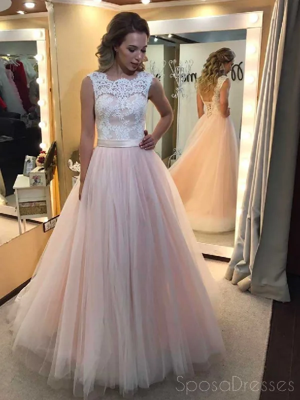 Online Exclusive Lace Pale Pink Tulle A line Evening Prom Dresses, Sweet 16 Prom Dresses, Custom Long Prom Dresses, Cheap Formal Prom Dresses, 17137