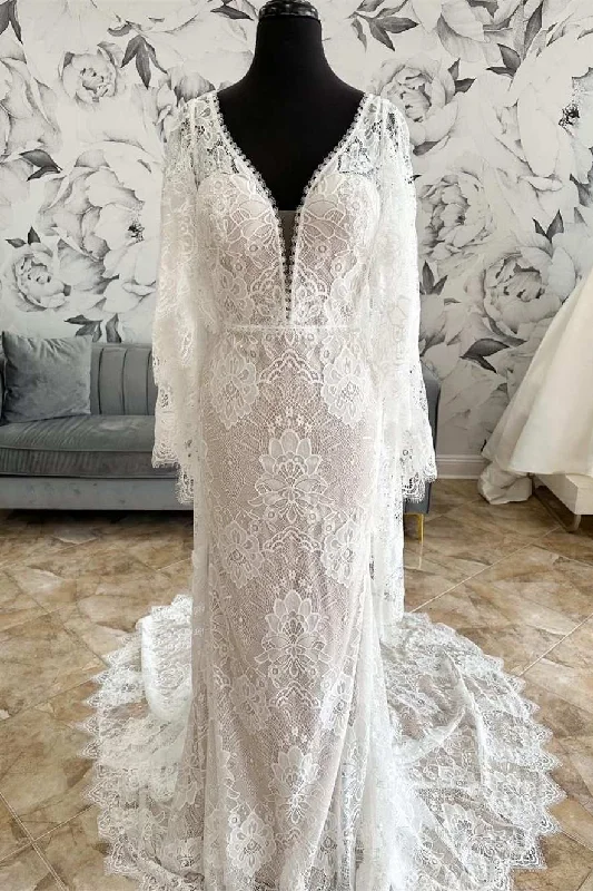 Extra Discounts White Lace Plunge V Mermaid Long Wedding Dress with Bell Sleeves