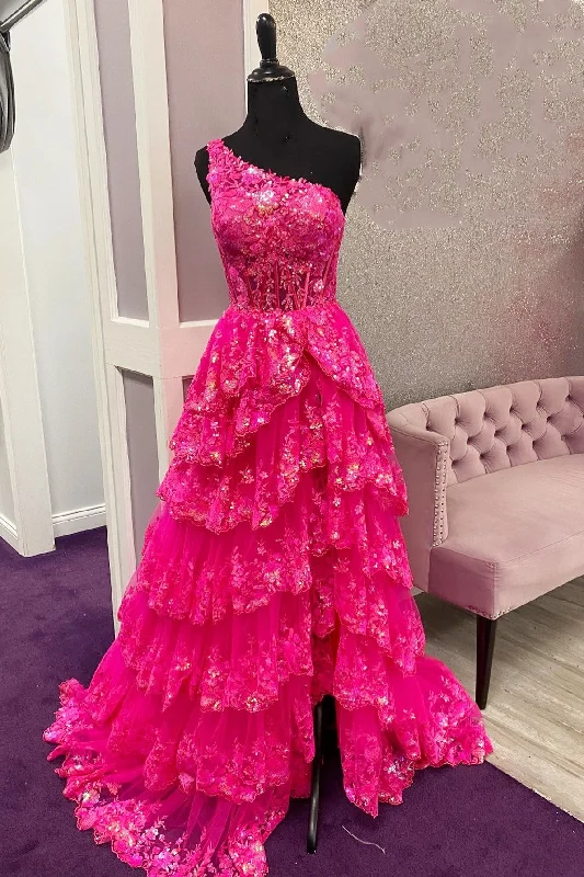 Deal Mania Gold Tulle Sequin One-Shoulder Ruffle Long Prom Dress with Slit