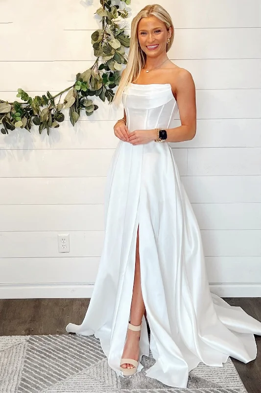 Today’s Deal A-Line White Strapless Sheer Back Long Wedding Dress