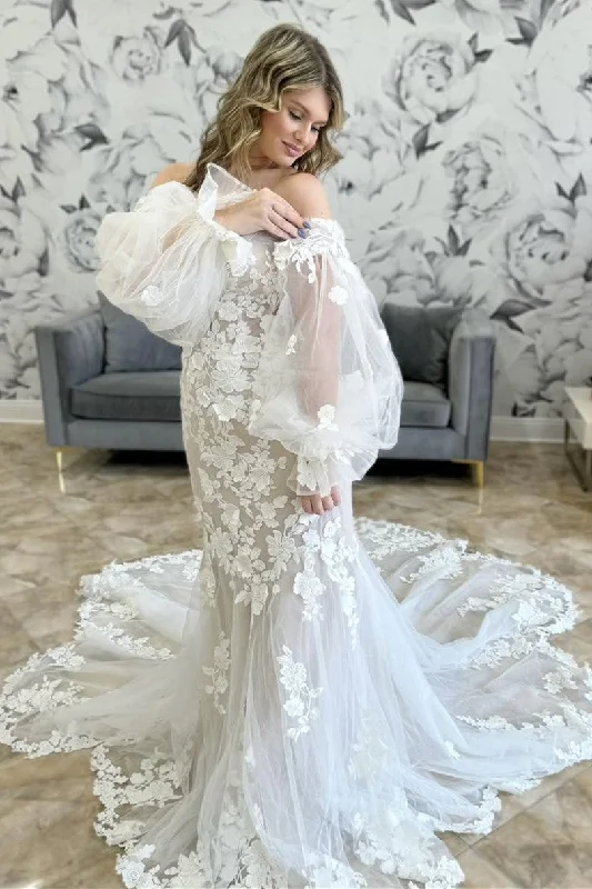 Limited Availability Ivory Off-the-Shoulder Trumpet Wedding Dress with Balloon Sleeves