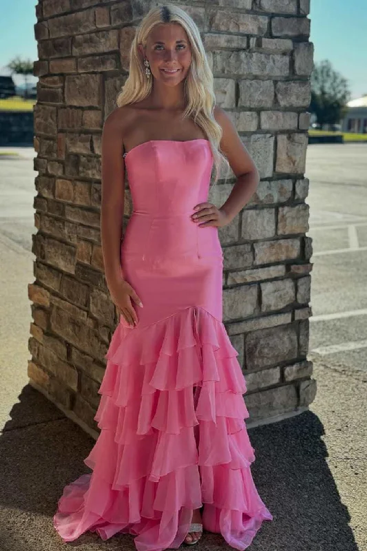 Buy Now Pink Strapless Scoop Tiered Sleeveless Long Prom Formal Dress with Slit