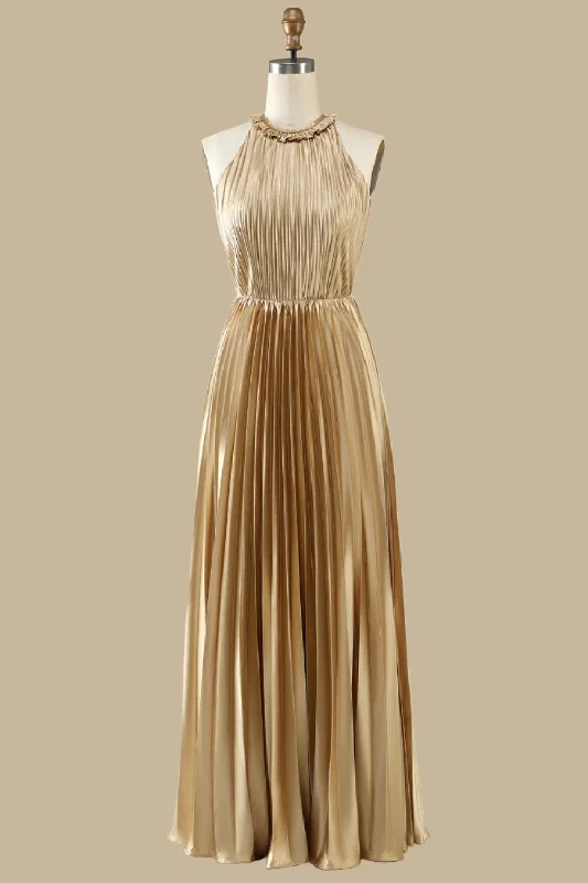Weekend Special Gold Round Neck Ruffle Pleated Maxi Dress