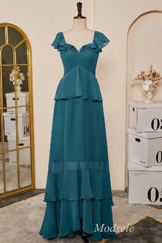Super Sale Emerald Flutter Sleeve Multi-Layer Ruffle Long Dress