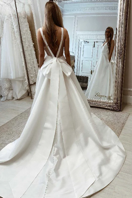 Value Deals White Bow-Back A-Line Long Wedding Gown