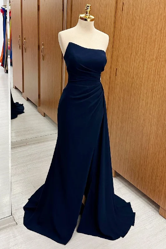 Bargain Bin Strapless Ruched Bridesmaid Dress with Slit and Attached Train