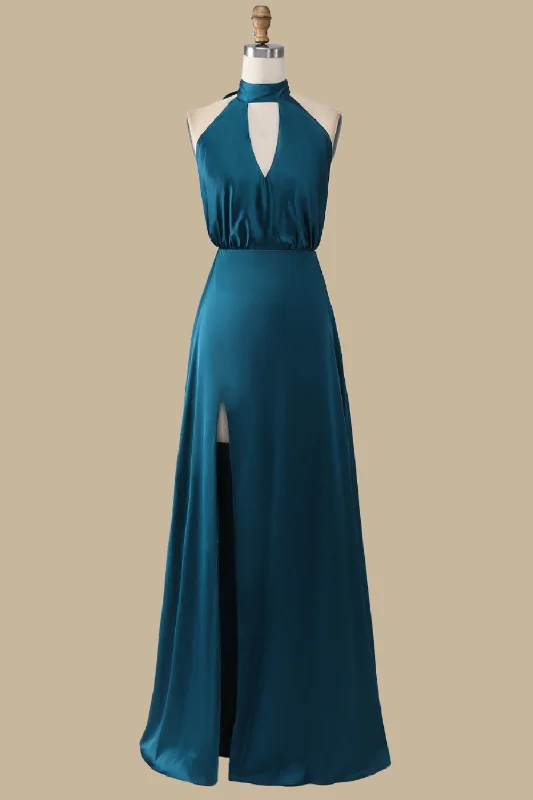 Unmissable Offer Turquoise Halter Blouson-Style Maxi Dress with Slit