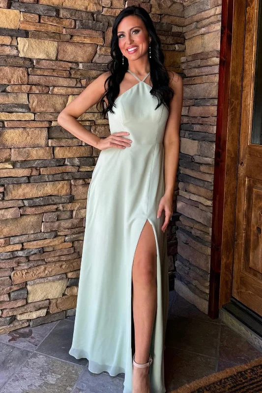 Overstock Sage Halter Chiffon Wedding Guest Dress with Slit