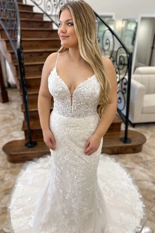 Unbeatable Prices White Floral Lace Plunge V Backless Mermaid Long Wedding Dress