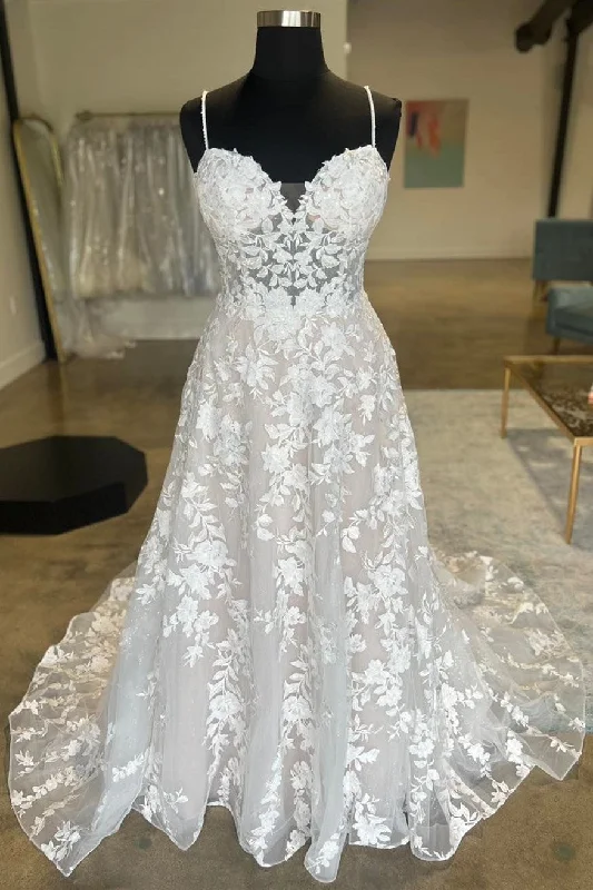 Super Sale White Appliques Sweetheart Spaghetti Strap Long Wedding Dress