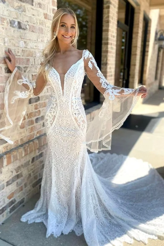 Seasonal Clearance White Lace Plunge Long Sleeve Mermaid Long Wedding Dress
