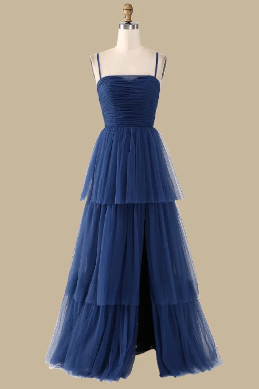 Best Seller Navy Blue Spaghetti Strap Tiered Maxi Dress with Slit