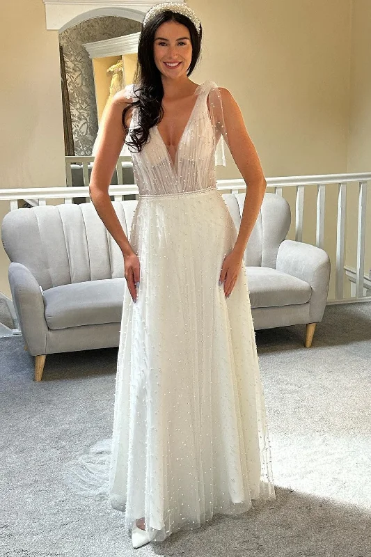 Major Savings White Tulle Pearls Bow Strap A-Line Bridal Gown