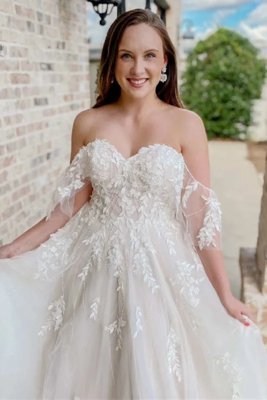 The Best Prices White Appliques Off-the-Shoulder A-Line Long Wedding Dress