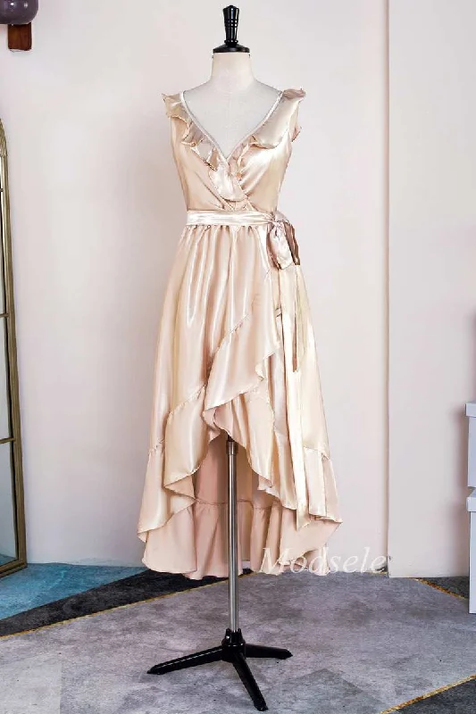 Price Cut Champagne Surplice Backless High-Low Formal Dress