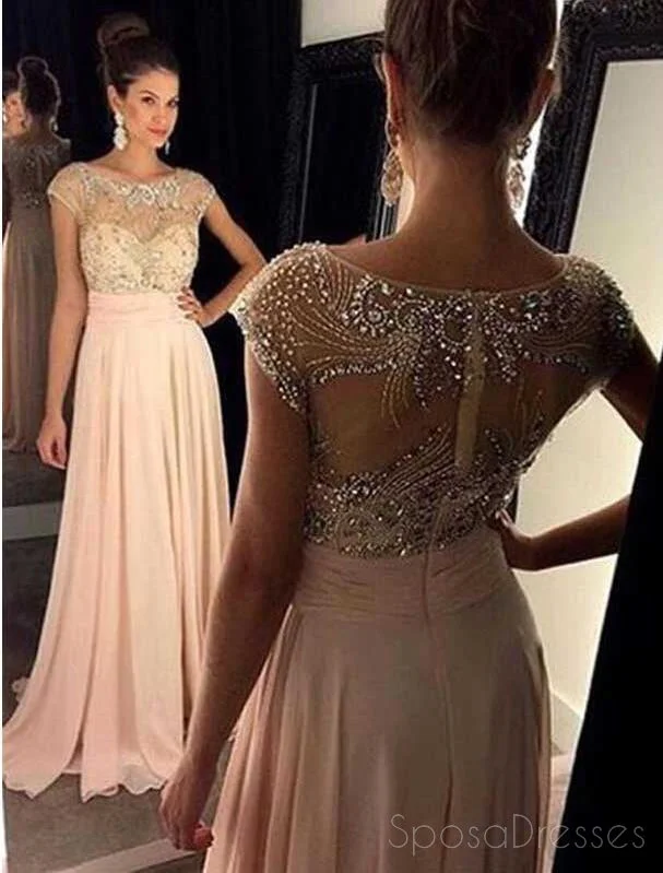 Amazing Deals Blush Pink Cap Sleeve Beaded Long Evening Prom Dresses, Sexy See Through Party Prom Dress, Custom Long Prom Dresses, Cheap Formal Prom Dresses, 17043