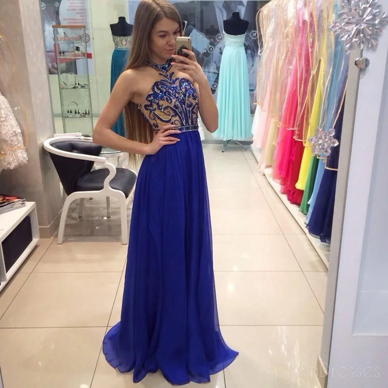 Final Sale Royal  Blue Beaded Long Evening Prom Dresses, Chiffon Halter Party Prom Dress, Custom Long Prom Dresses, Cheap Formal Prom Dresses, 17046