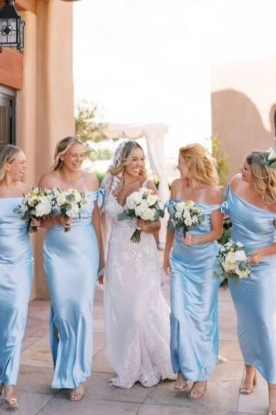 Act Fast Blue Sheath Off-Shoulder Satin Bow Pleated  Long Bridesmaid Dress