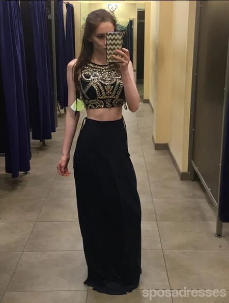 Savings Event Black Two Pieces Evening Prom Dresses, Sexy Gold Beaded Party Prom Dress, Custom Long Prom Dresses, Cheap Formal Prom Dresses, 17067