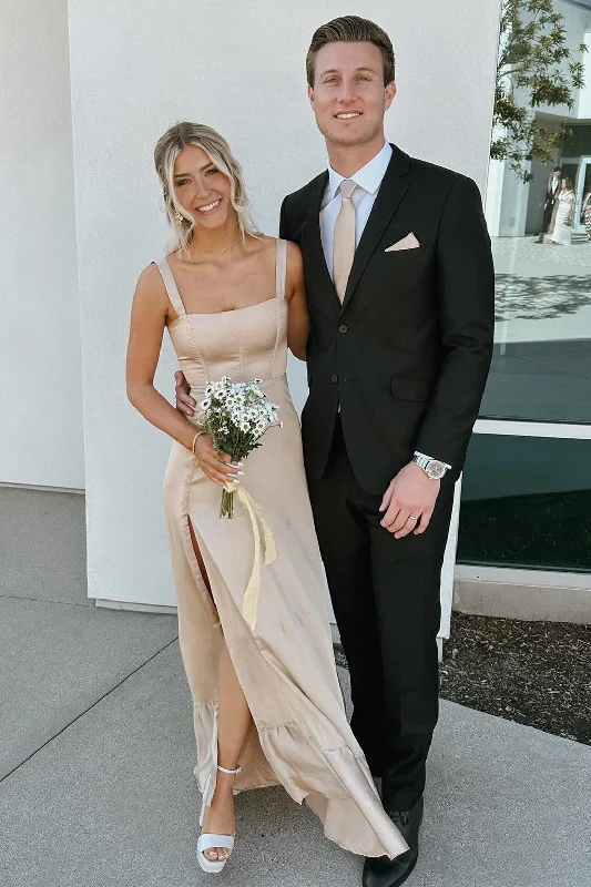 Incredible Offers Champagne Lace-Up A-Line Maxi Dress with Slit