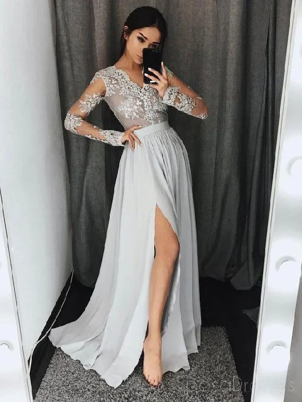 Special Offer Long Sleeve Gray Lace Fashion Evening Prom Dresses, Sexy Split Party Prom Dresses, Custom Long Prom Dresses, Cheap Formal Prom Dresses, 17146