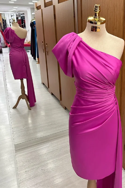 Savings Galore Fuchsia One-Shoulder Ruched Midi Dress with Attached Train