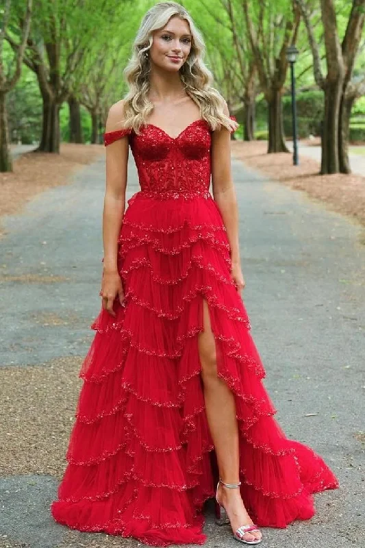 Closeout Stunning Off-Shoulder Sweetheart A-Line Layered Prom Dress with Slit