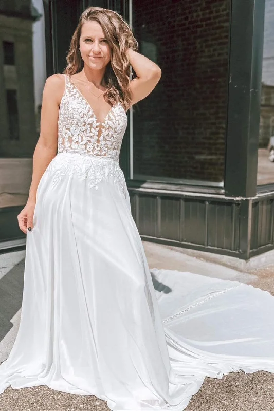 Epic Deals White Appliques Plunge V Open Back Long Wedding Dress