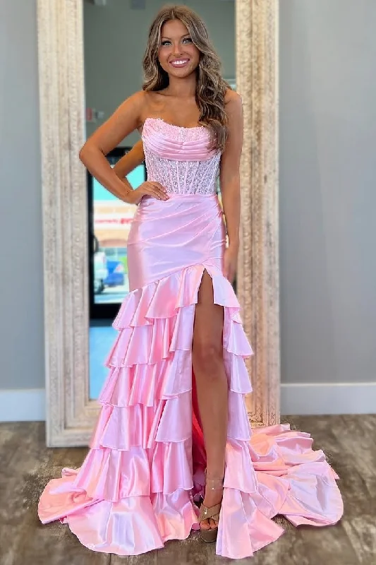 Closeout Sale Pink Strapless Scoop Layered Pleated Mermaid Prom Dress with Slit