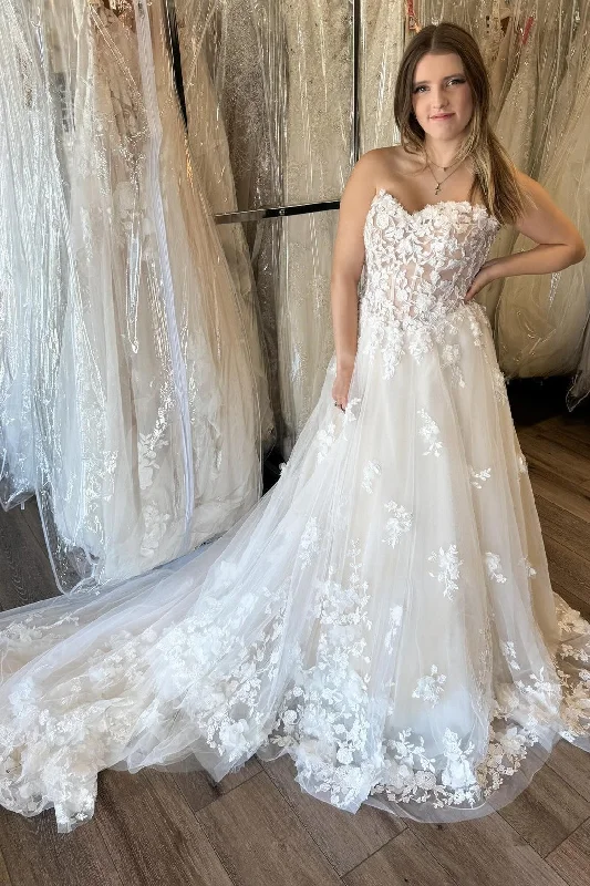Price Reduction Ivory Strapless A-Line Wedding Dress with Floral Appliques