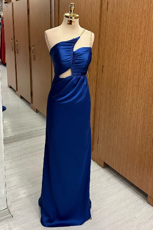 Super Deal Royal Blue Satin Asymmetrical Cutout Maxi Dress