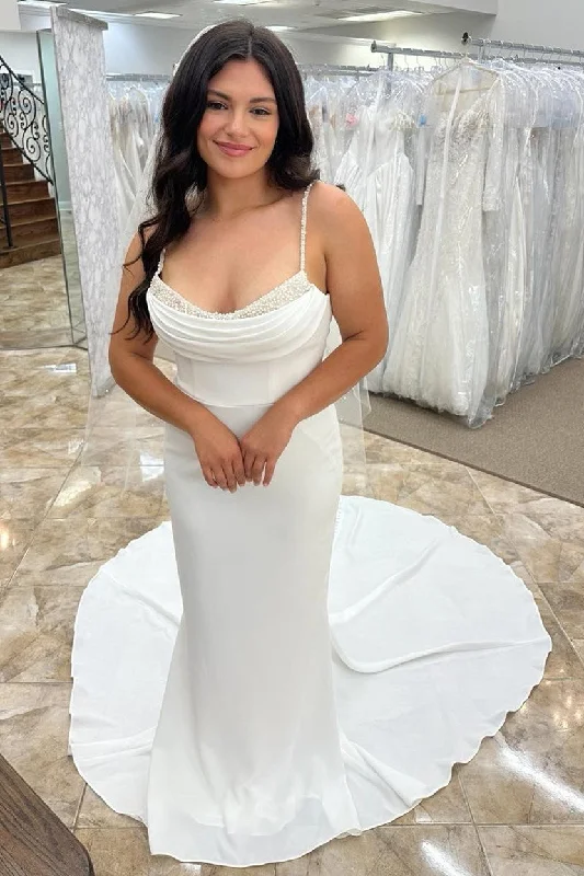 Take Advantage White Beaded Cowl Neck Backless Long Wedding Dress