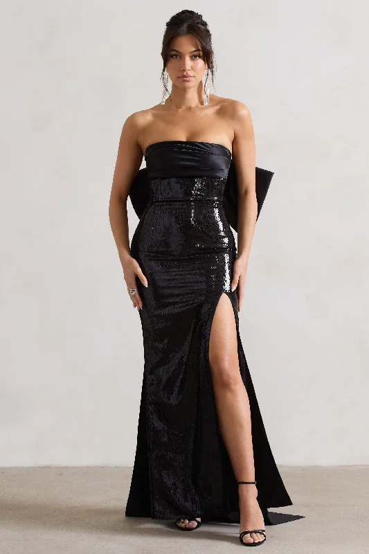 Exclusive Savings To You | Black Sequin Bandeau Split Maxi Dress With Oversized Bow