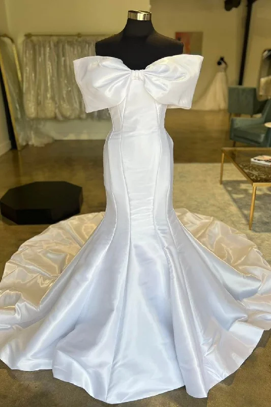 Holiday Sale White Off-the-Shoulder Bow Trumpet Long Wedding Dress