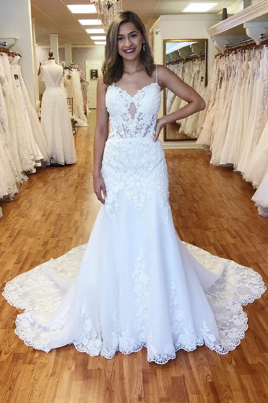 Big Discounts White Lace Bustier Keyhole Straps Mermaid Long Wedding Dress