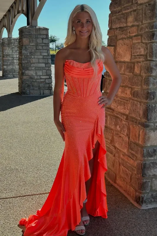 Midnight Sale Strapless Scoop Beading Ruffles Side Slit Mermaid Long Prom Dress