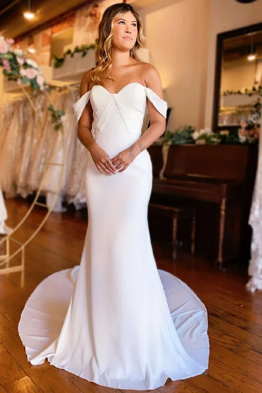 Best Seller White Off-the-Shoulder Backless Mermaid Long Wedding Dress