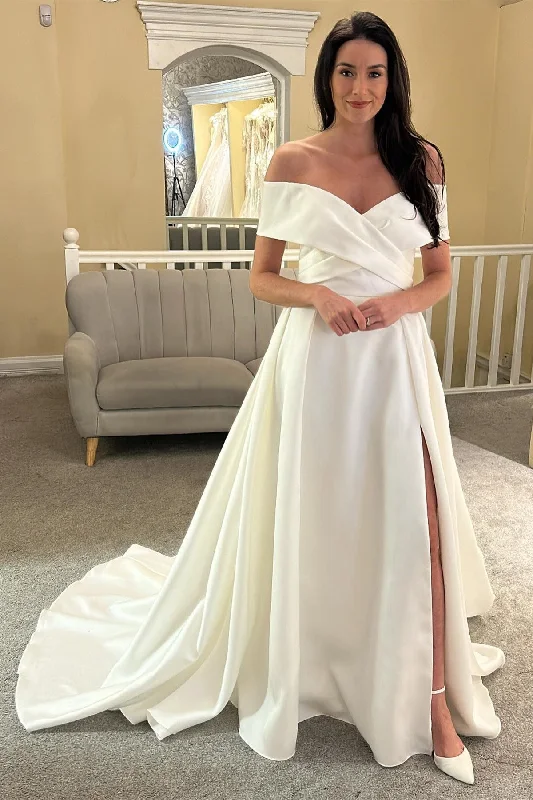 New Deals White Off-the-Shoulder Long Bridal Gown with Slit
