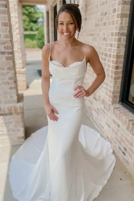 Shop and Save White Cowl Neck Spaghetti Straps Mermaid Long Bridal Gown