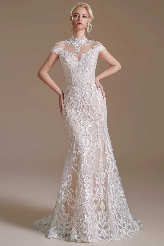 The Best Prices Off-White Lace High Collar Off-the-Shoulder Mermaid Wedding Dress