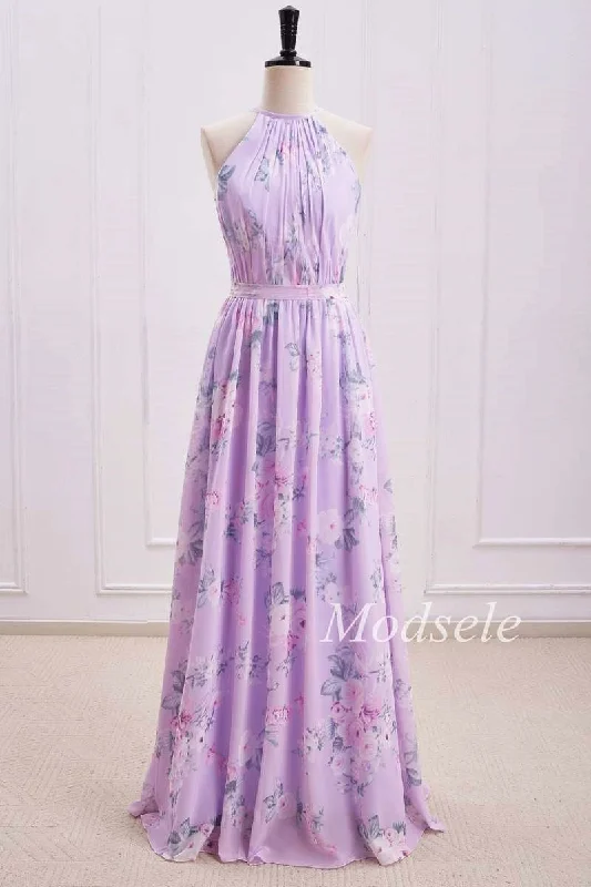 Limited Time Discount Purple Floral Print Halter Long Bridesmaid Dress