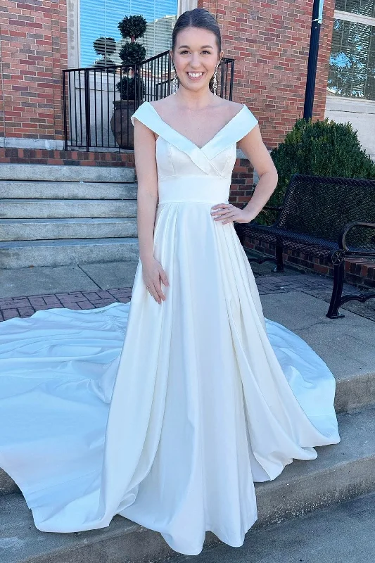 Limited Time White Portrait High-Waist A-Line Long Wedding Dress