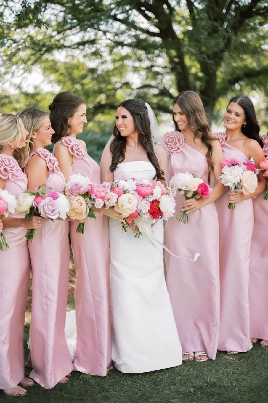 Epic Deals Pink One Shoulder Flower Sleeveless Satin Long Bridesmaid Dress