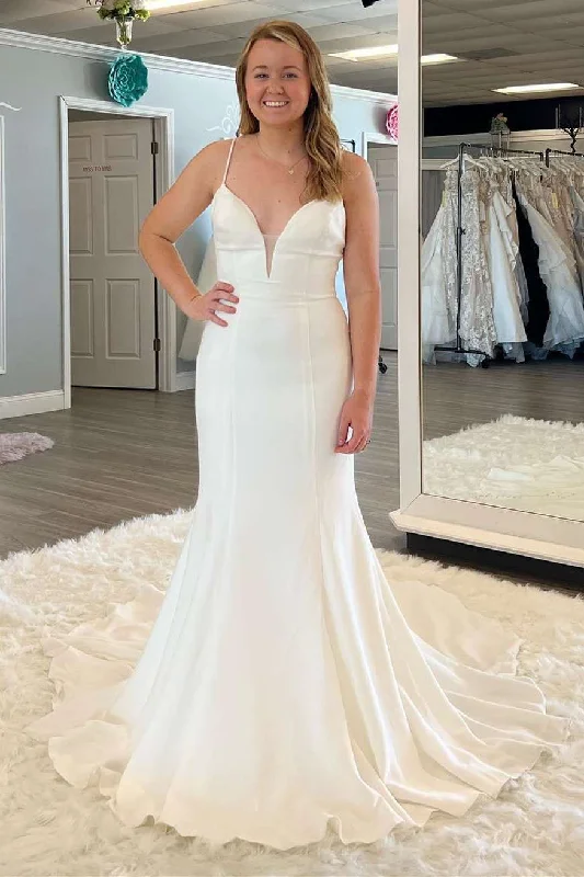 Extra Discounts Mermaid White Plunge V Spaghetti Straps Long Wedding Dress