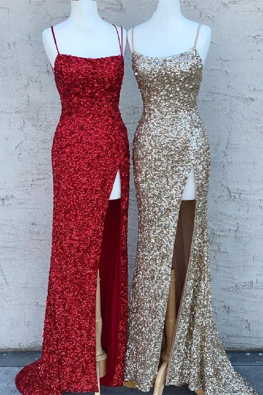 Great Deals Spaghetti Straps Gold Sequins Mermaid Long Formal Dress
