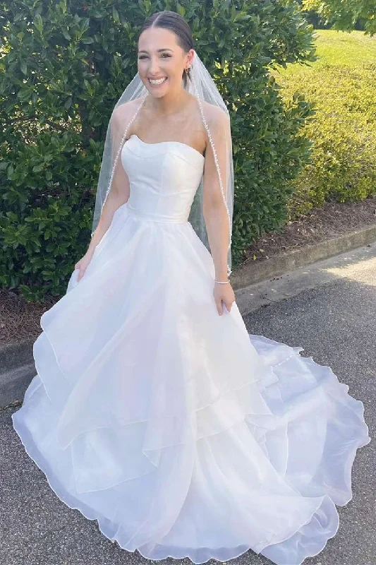 Amazing Deals White Strapless Multi-Tiered A-Line Long Wedding Dress