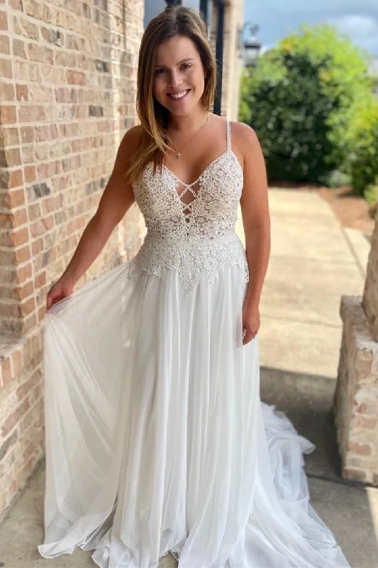 Discount Deals White Lace Straps Backless Long Wedding Dress