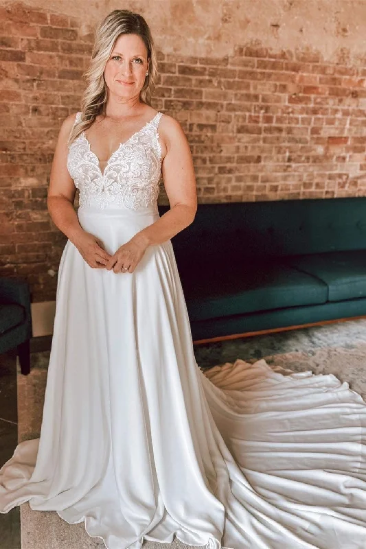 Discount Deals White Floral Lace Open Back Long Bridal Gown