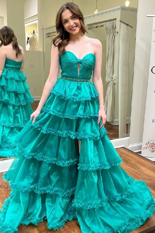 Mega Deal A-Line Strapless Keyhole Empire-Waist Layered Prom Dress with Slit