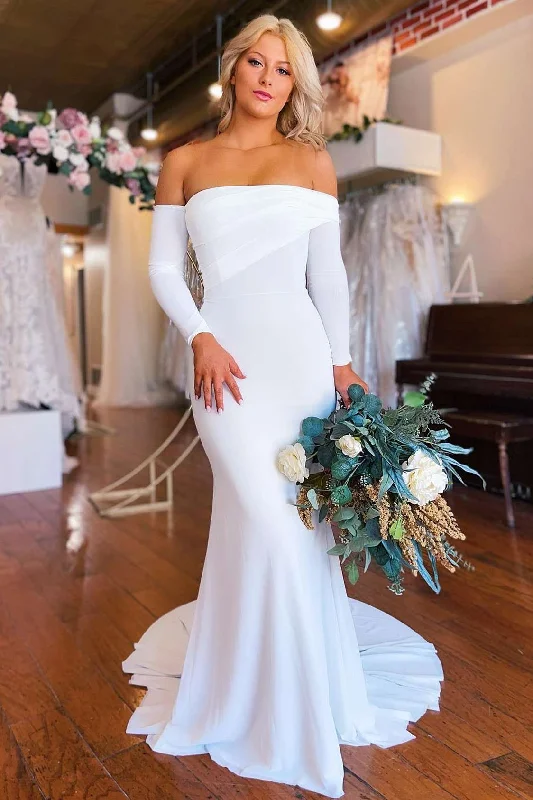 Crazy Deals White Off-the-Shoulder Long Sleeve Mermaid Wedding Dress